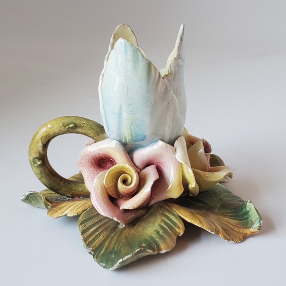 Vintage Capodimonte Porcelain Floral Candle Holder Roses Tulip Handmade Signed - Picture 4 of 9